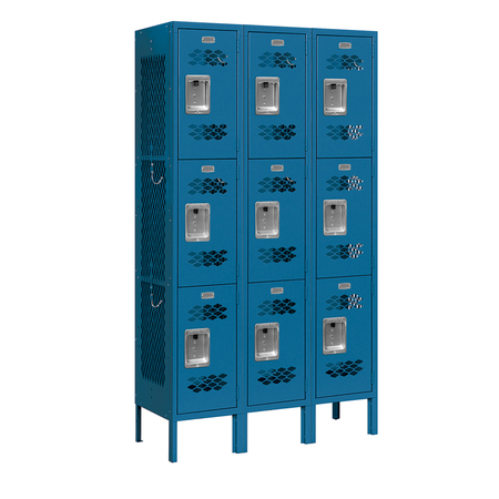 SALSBURY INDUSTRIES 3 Tier Vented Locker, 36"Wx66"Hx12"D, 9 Door, Blue, Unassembled 73352BL-U
